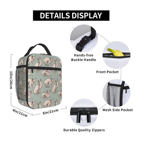 Hairless Naked Cats Sphynx Portable Lunch Box Bag Insulated Reusable Lunch NEW - Picture 2 of 6